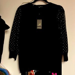 Adrianna papell black sweater with sheer 3/4 length sleeve with gold detail